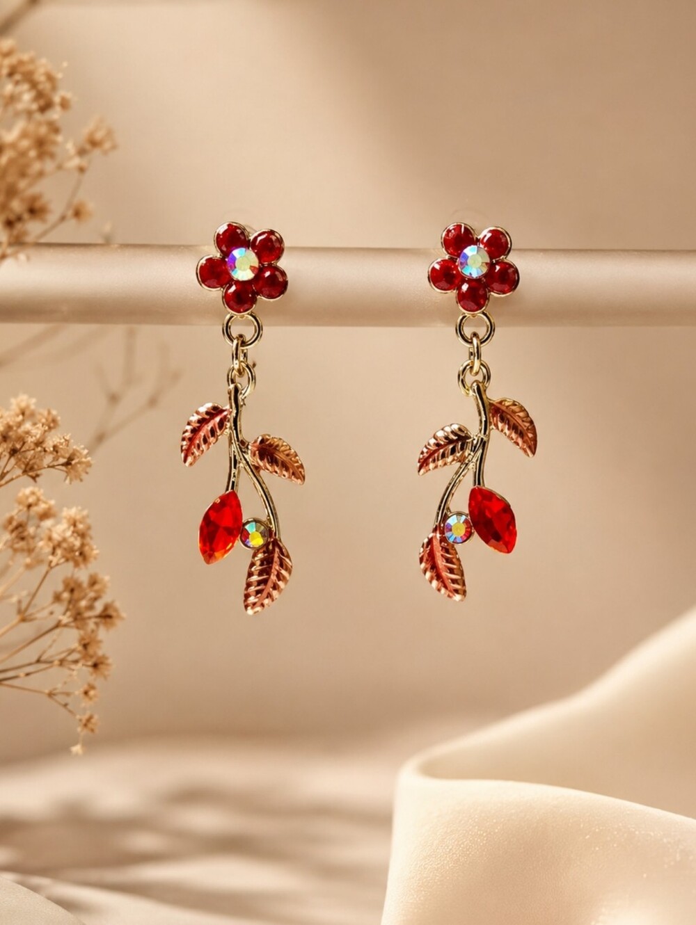 Silvertone Red Rhinestone Dangling Earrings